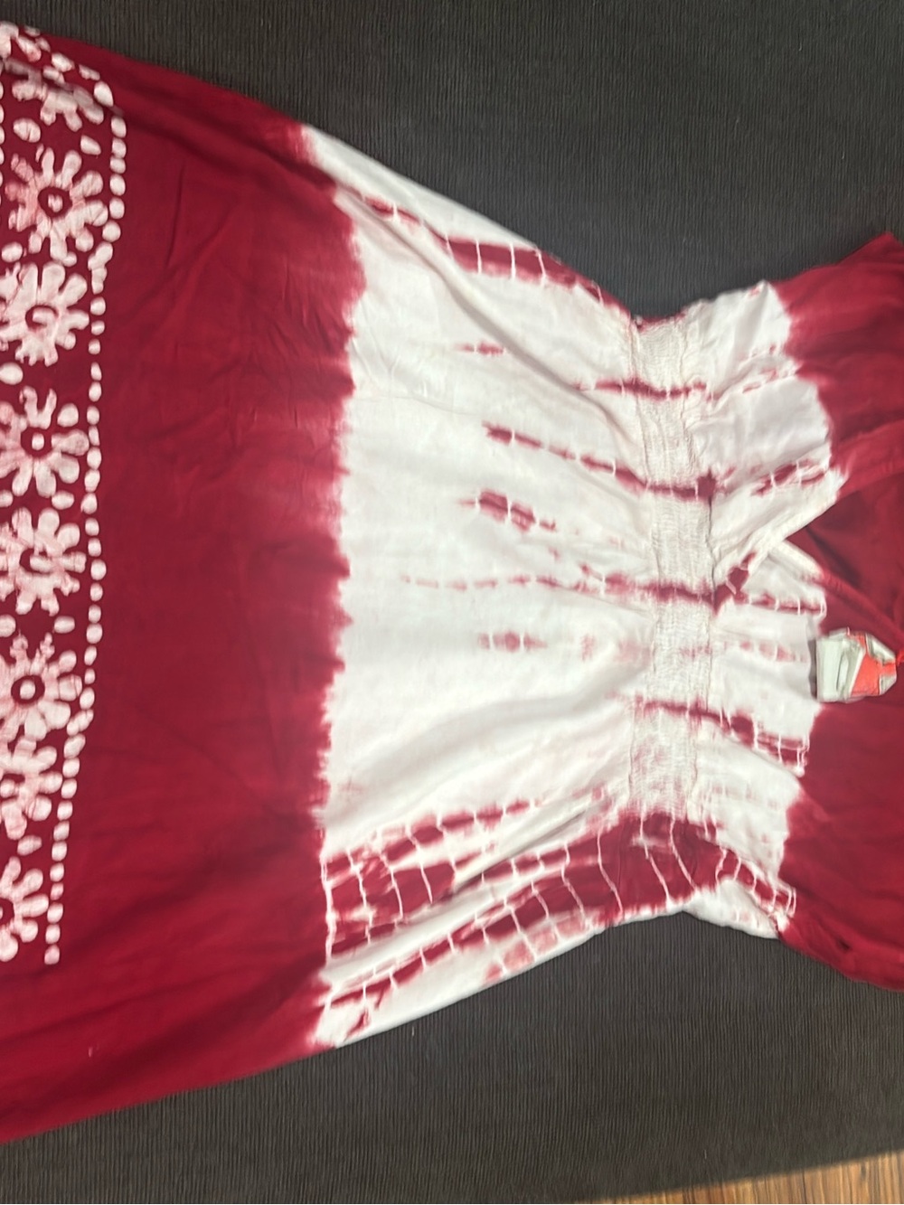 Source Unknown Red & White Tie-Dye Sleeveless Smocked Tunic with Embroidered Hem